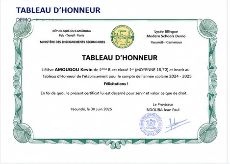 Aperçu anonymisé d’un tableau d’honneur généré par ModernSchools.