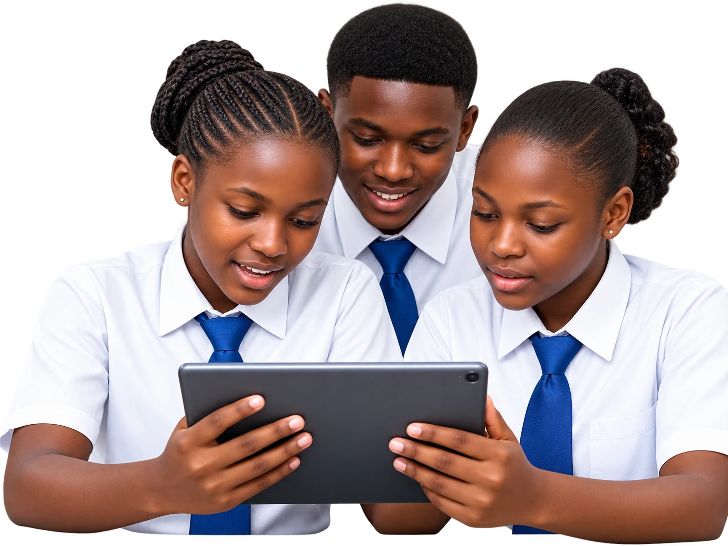 Photographie de contexte montrant des élèves africains utilisant une tablette en classe.