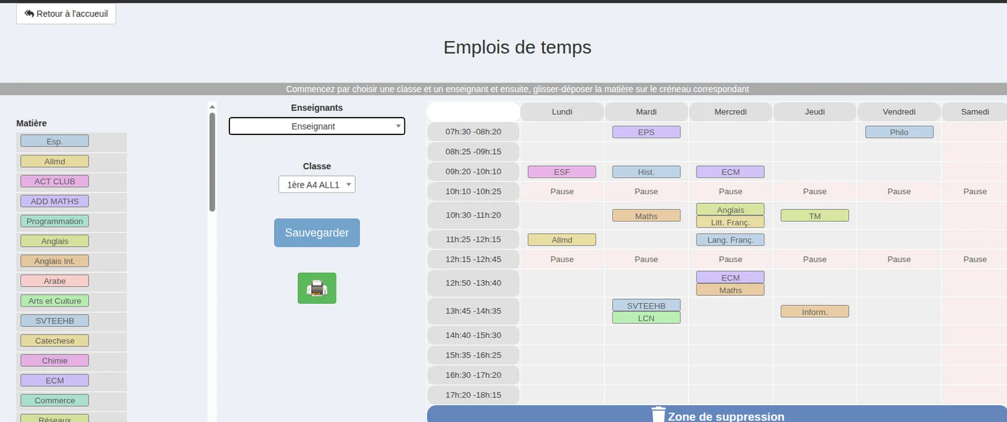 Capture réelle recadrée du gestionnaire d’emplois du temps ModernSchools.