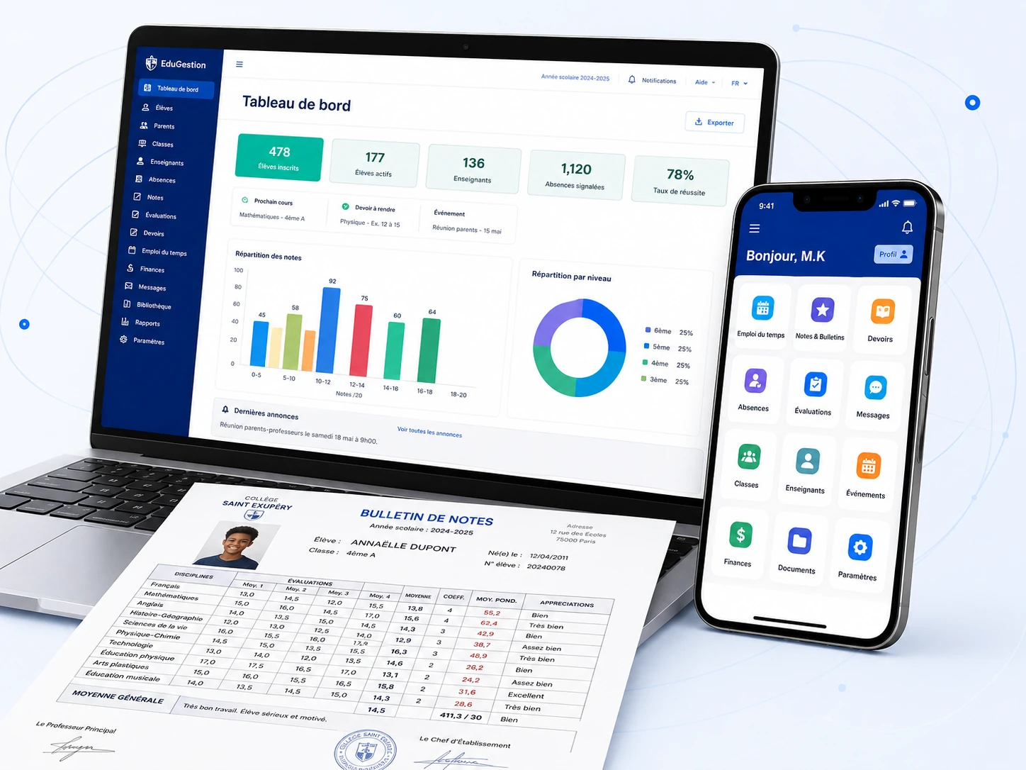 Capture réelle recadrée du back-office ModernSchools avec les modules de performance, secrétariat et production documentaire.